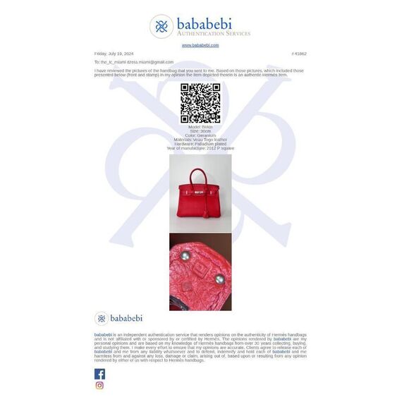 100% Authentic Hermes Birkin 30 Geranium in Togo with SHW Stamp P - Picture 14 of 16